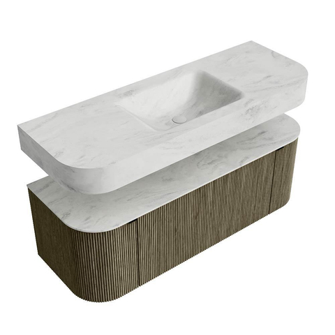 MONDIAZ THOR-DLUX 130cm meuble de salle de bains arrondi gauche + droite couleur Shadow avec 1 tiroir et 2 portes. Vasque suspendue CLOUD Milieu 1 trou de robinet couleur Opalo. SW1463752