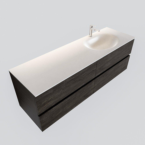 MONDIAZ VICA Ensemble de meuble salle de bain - 150cm - 4 tiroirs - lavabo Moon à droite - 1 trou de robinet - solid surface marron foncé SW410058