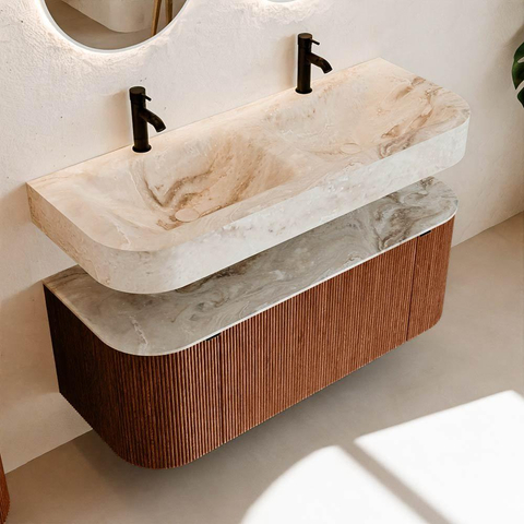 MONDIAZ THOR-DLUX 120cm meuble de salle de bains arrondi gauche + droite couleur Ruby avec 1 tiroir et 2 portes. Vasque suspendue CLOUD Double 2 trous de robinet couleur Frappe. SW1463092