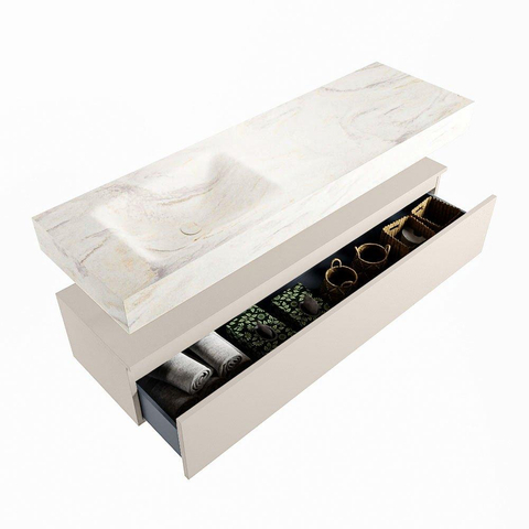 Mondiaz ALAN-DLUX Ensemble de meuble - 150cm - meuble Linen mat - 1 tiroir - Lavabo Cloud Ostra suspendu - vasque Gauche - 1 trou de robinet SW807073