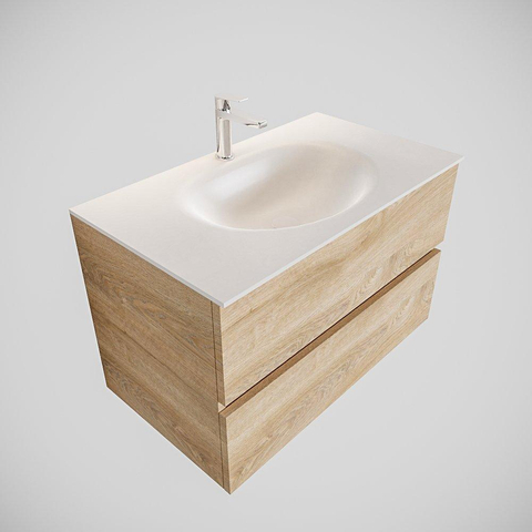 ENSEMBLE DE MEUBLE MONDIAZ VICA - 80cm - 2 tiroirs - lavabo Moon central - 1 trou de robinet - solid surface chêne blanchi SW409954
