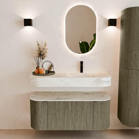 MONDIAZ THOR-DLUX 110cm meuble de salle de bains arrondi gauche + droite couleur Shadow avec 1 tiroir et 2 portes. Vasque suspendue CLOUD Droite 1 trou de robinet couleur Ostra. SW1462908