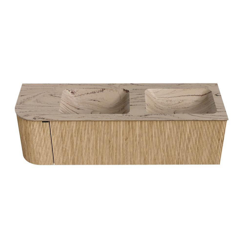 MONDIAZ KURVE-DLUX 145cm badmeubel ronding Links kleur Oak met 1 lade en 1 deur. Wastafel LEAF Dubbel / Rechts 2 kraangaten Arena. SW1431127