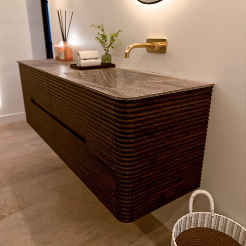 Mondiaz CIRO-DLUX Ensemble de meuble de salle de bains - 150x45x50cm - plan de toilette en solid surface Oza - 1 vasque à droite - sans trous de robinet - 4 tiroirs - Noyer SW1530647