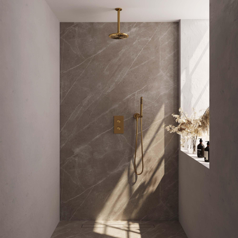 Brauer Gold Edition Ensemble de douche pluie encastré - douche principale 20cm - bras plafond 20cm - 2 fonctions - incluant partie encastrable - douchette à main 1 fonction - PVD - or brossé SW547680