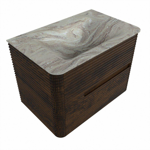 Mondiaz CIRO-DLUX Meuble de salle de bains - 70x45x50cm - vasque en solid surface Glace - 1 bassin au milieu - sans trous de robinetterie - 2 tiroirs - Noyer SW1530245