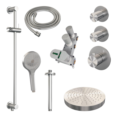 BRAUER Stripe Douche de tête thermostatique encastrée - SET 12 - pomme de douche 25cm - bras de plafond - douchette 3 positions - flexible de douche - barre coulissante intégrée - couleur inox brossé PVD SW1435074