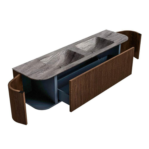 MONDIAZ KURVE-DLUX Meuble de salle de bains 170cm arrondi Gauche + Droite couleur Walnut avec 1 tiroir et 2 portes. Lavabo LEAF Double 2 trous de robinet Oza. SW1432466