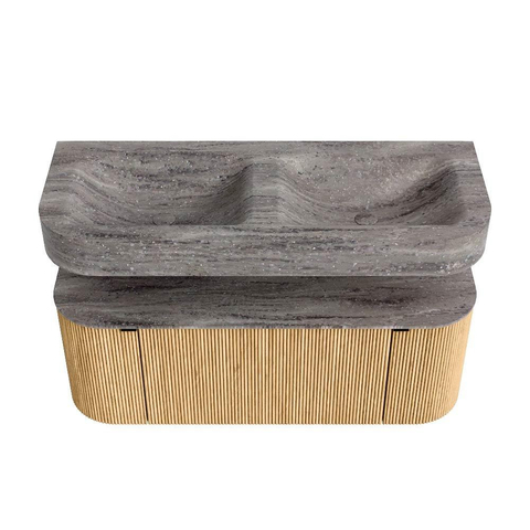 MONDIAZ THOR-DLUX 120cm meuble de salle de bains arrondi gauche + droite couleur Oak avec 1 tiroir et 2 portes. Vasque suspendue CLOUD Double 2 trous de robinet couleur Oza. SW1463395