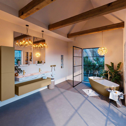 Mondiaz ALAN-DLUX Ensemble de meuble - 150cm - meuble Oro mat - 1 tiroir - Lavabo Cloud Glace suspendu - vasque Gauche et droite - 2 trous de robinet SW806168