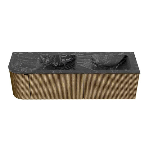 Mondiaz KURVE-DLUX Ensemble de meuble de salle de bains - 155x46x40cm - 2 tiroirs - 1 porte - plan vasque solid surface - double / droite - 2 trous de robinet - Dusk SW1415557