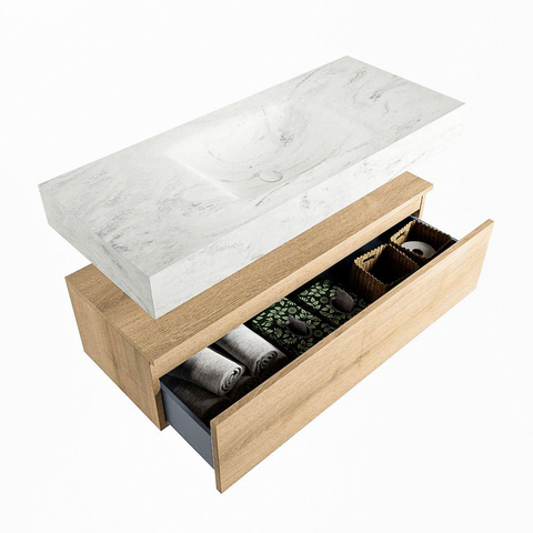 Mondiaz ALAN-DLUX Ensemble de meuble - 110cm - meuble Washed Oak mat - 1 tiroir - Lavabo Cloud Opalo suspendu - vasque Centre - 1 trou de robinet SW808846