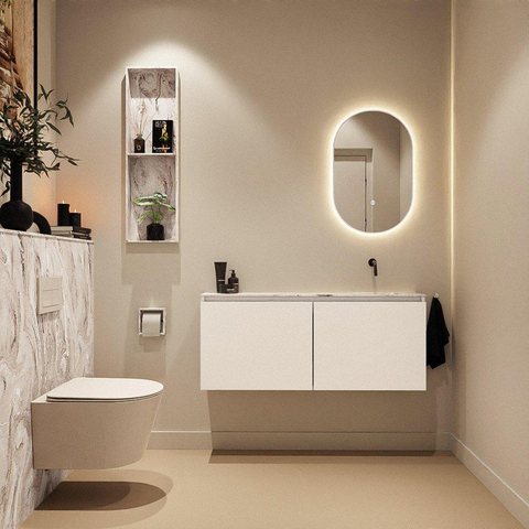 MONDIAZ TURE-DLUX meuble de toilette 120 cm Talc. EDEN lavabo Glace position à droite. Sans trou de robinet. SW1103135