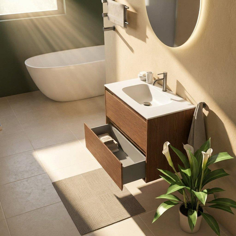Saniclass Holz Pure Ensemble meuble de salle de bains - 80x45x61.5cm - Flow lavabo en solid surface blanc - 1 vasque - 1 trou de robinetterie - 2 tiroirs - noyer pure mat (bois) SW1478391