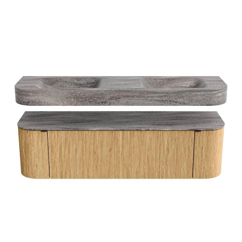 MONDIAZ THOR-DLUX Meuble de salle de bains - 160cm - arrondi gauche + droite - couleur Oak - 1 tiroir et 2 portes - Vasque suspendue CLOUD Double sans trou de robinet - couleur Oza SW1465296