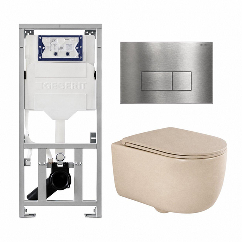 QeramiQ Dely Swirl Toiletset - 36.3x51.7cm - Geberit UP320 inbouwreservoir - met Burda frame - slim zitting - steel bedieningsplaat - rechthoekige knoppen - mat beige SW1130215