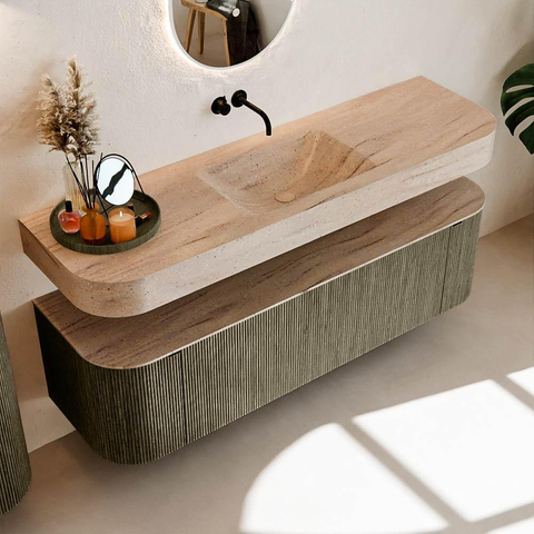 MONDIAZ THOR-DLUX 160cm meuble de salle de bains arrondi gauche + droite couleur Shadow avec 1 tiroir et 2 portes. Vasque suspendue CLOUD Milieu sans trou de robinet couleur Saba. SW1465346