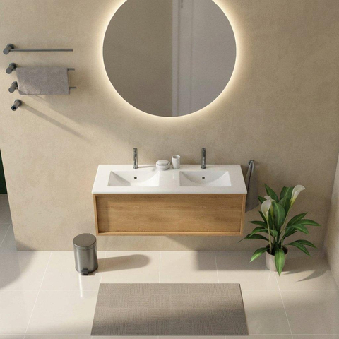 Saniclass Holz Frame Ensemble meuble de salle de bains - 120x45x42cm - Vygo lavabo en céramique blanc - 2 vasques - 2 trous de robinetterie - 1 tiroir - chêne natural mat (bois) SW1478923
