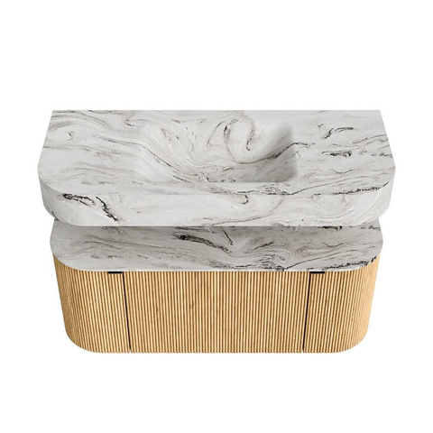 MONDIAZ THOR-DLUX 110cm badmeubel ronding links + rechts kleur Oak met 1 lade en 2 deuren. Vrijhangende wastafel CLOUD Midden zonder kraangat kleur Glace. SW1462734