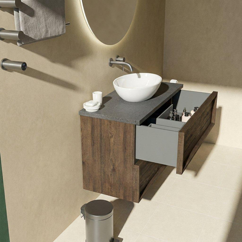 Saniclass Holz Frame Ensemble meuble de salle de bains - 100x45x63cm - Plan vasque en basalte Noche poli (noir) - sans trou de robinetterie - 2 tiroirs - chêne charcoal mat (bois) SW1579901