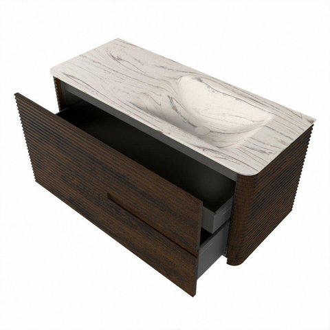 Mondiaz CIRO-DLUX Badkamermeubelset - 110x45x50cm - Solid surface wastafel Nata - 1 wasbak Rechts - 1 kraangat - 2 lades - Walnut SW1530568