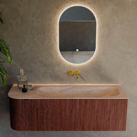 MONDIAZ KURVE-DLUX 135cm badmeubel ronding Links kleur Ruby met 1 lade en 1 deur. Wastafel BIG MEDIUM Rechts zonder kraangat Saba. SW1433469