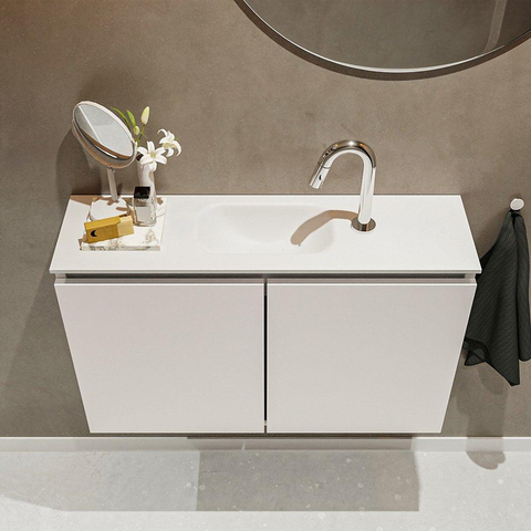 MONDIAZ TURE Kit lave-mains - 80x23x50cm - 1 trou de robinet - 2 portes - lin mat - Lavabo centré - Solid Surface Blanc SW475084