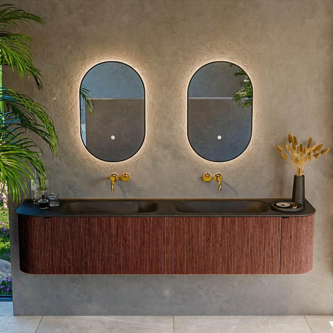 Mondiaz KURVE Ensemble de meuble de salle de bains - 200x46x40cm - 2 tiroirs - 2 portes - lavabo solid surface - double - sans trou de robinet - Ruby SW1415381