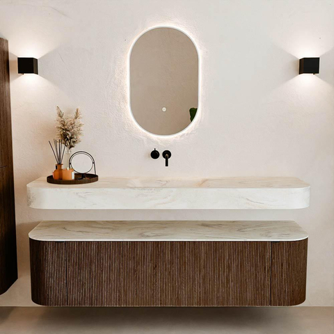MONDIAZ THOR-DLUX 170cm badmeubel ronding links + rechts kleur Walnut met 1 lade en 2 deuren. Vrijhangende wastafel CLOUD Midden zonder kraangat kleur Ostra. SW1465605