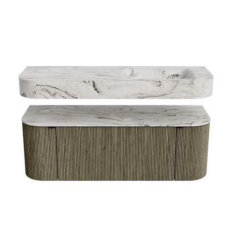 MONDIAZ THOR-DLUX 130cm meuble de salle de bains arrondi gauche + droite couleur Shadow avec 1 tiroir et 2 portes. Vasque suspendue CLOUD Droite 1 trou de robinet couleur Glace. SW1463756