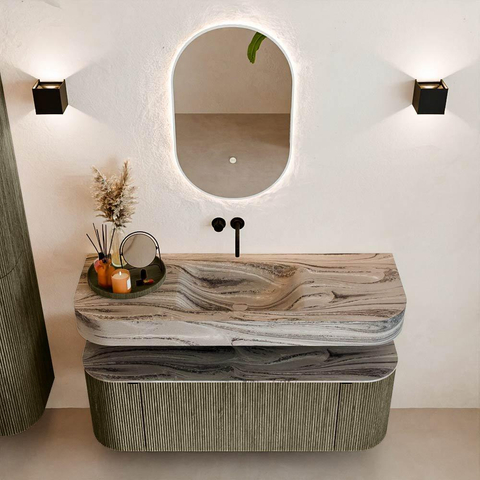 MONDIAZ THOR-DLUX 130cm meuble de salle de bains arrondi gauche + droite couleur Shadow avec 1 tiroir et 2 portes. Vasque suspendue CLOUD Milieu sans trou de robinet couleur Sombra. SW1463888