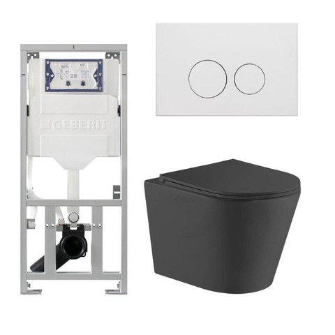 QeramiQ Dely Ensemble WC - 36.3x51.7cm - sortie profonde - sans bride - réservoir encastré Geberit UP320 - avec cadre Burda - abattant de WC softclose - plaque de commande blanc mat - boutons ronds - noir mat SW1102478