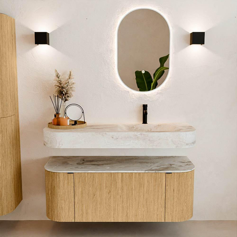 MONDIAZ THOR-DLUX Meuble de salle de bains 120cm arrondi gauche + droite couleur Oak avec 1 tiroir et 2 portes. Vasque suspendue CLOUD Droite 1 trou de robinet couleur Frappe. SW1463060