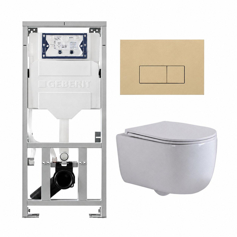 QeramiQ Dely Swirl Toiletset - 36.3x51.7cm - Geberit UP320 inbouwreservoir - met Burda frame - slimzitting - bedieningsplaat beige - rechthoekige knoppen - glans wit SW1164844