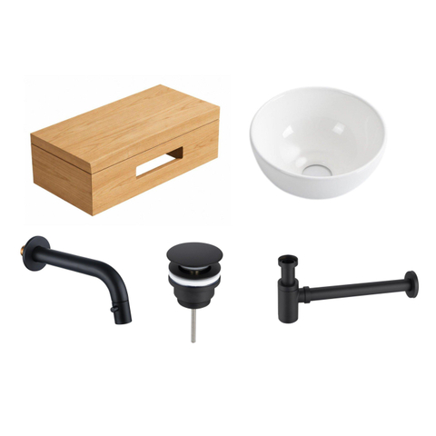 Royal Plaza Terra pack lave-mains – 40 x 25 x 10 cm – bois blanc brillant – robinet noir mat – avec porte-serviette SW1576320