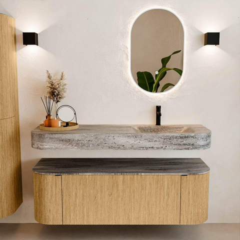 MONDIAZ THOR-DLUX 140cm badmeubel ronding links + rechts kleur Oak met 1 lade en 2 deuren. Vrijhangende wastafel CLOUD Rechts 1 kraangat kleur Oza. SW1464262