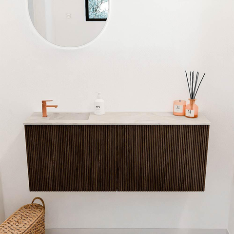 Mondiaz JOYA-DLUX 100cm toiletmeubel - kleur Walnut - Wastafel FAYE positie Links 1 kraangat kleur Ostra. SW1422644