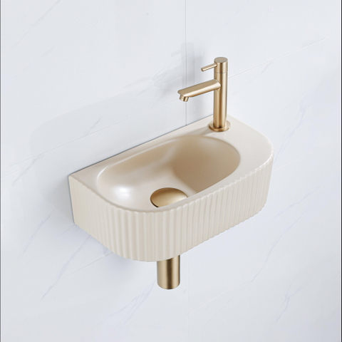 QeramiQ Fuente pack lave-mains – demi-rond – 40 x 21,5 x 12 cm – céramique beige – perçage à droite – cannelé SW1233029