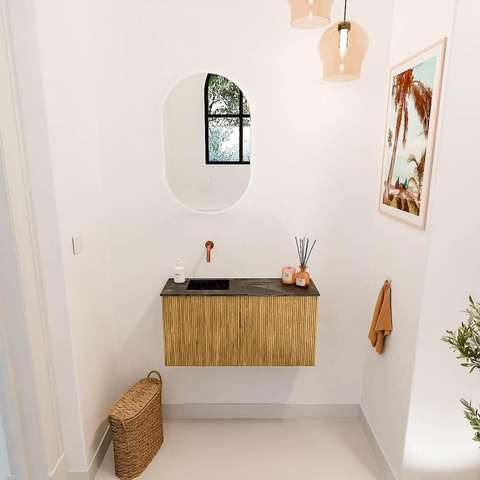 Mondiaz JOYA-DLUX 80cm toiletmeubel - kleur Oak - Wastafel FAYE positie Links Zonder kraangat kleur Lava. SW1422107