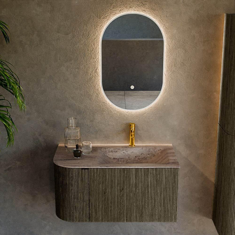 MONDIAZ KURVE-DLUX meuble de salle de bains 85 cm arrondi à gauche couleur Shadow avec 1 tiroir et 1 porte. Lavabo CLOUD à droite 1 trou de robinet Oza. SW1432863
