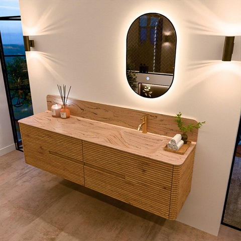 Mondiaz CIRO-DLUX Badkamermeubelset - 180x45x50cm - Solid surface wastafel Arena - 1 wasbak Rechts - 1 kraangat - 4 lades - Oak SW1531364