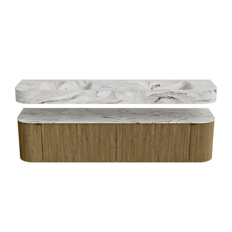 MONDIAZ THOR-DLUX 190cm meuble de salle de bains arrondi gauche + droite couleur Dusk avec 2 tiroirs et 2 portes. Vasque suspendue CLOUD Double 2 trous de robinet couleur Glace. SW1466460