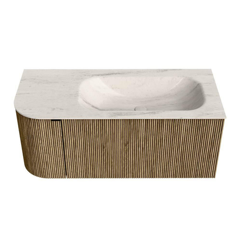 MONDIAZ KURVE-DLUX meuble de salle de bains 105cm arrondi à gauche couleur Dusk avec 1 tiroir et 1 porte. Lavabo BIG SMALL à droite 1 trou de robinet Meli. SW1431860