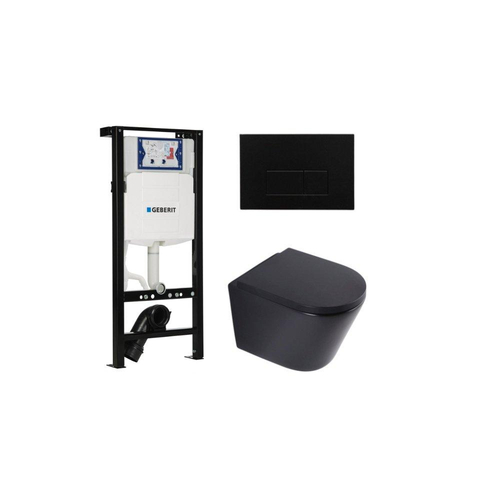 QeramiQ Dely Toiletset - 36.3x51.7cm - diepspoel - rimless - Geberit UP320 plieger inbouwreservoir - softclose toilet zitting - 35mm - kunstof mat zwarte bedieningsplaat - rechthoekige knoppen - mat zwart SW1413294