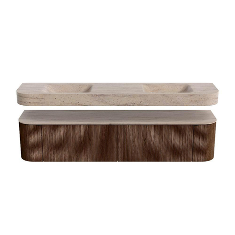 MONDIAZ THOR-DLUX 200cm meuble de salle de bains arrondi à gauche + à droite couleur Noyer avec 2 tiroirs et 2 portes. Lavabo suspendu CLOUD Double 2 trous de robinet couleur Saba. SW1467232