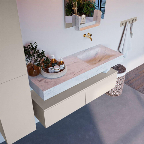 Mondiaz ALAN-DLUX Ensemble de meuble - 130cm - meuble Linen mat - 2 tiroirs - Lavabo Cloud Opalo suspendu - vasque Droite - 0 trous de robinet SW806534