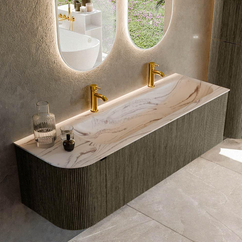 MONDIAZ KURVE-DLUX Meuble de salle de bains 145cm arrondi à gauche couleur Shadow avec 1 tiroir et 1 porte. Lavabo BIG LARGE à droite 2 trous de robinet Nata. SW1432308