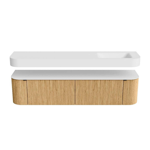 MONDIAZ THOR 190cm meuble de salle de bains arrondi gauche + droite couleur Oak avec 2 tiroirs et 2 portes. Vasque suspendue CLOUD Droite 1 trou de robinet couleur Talc. SW1466358