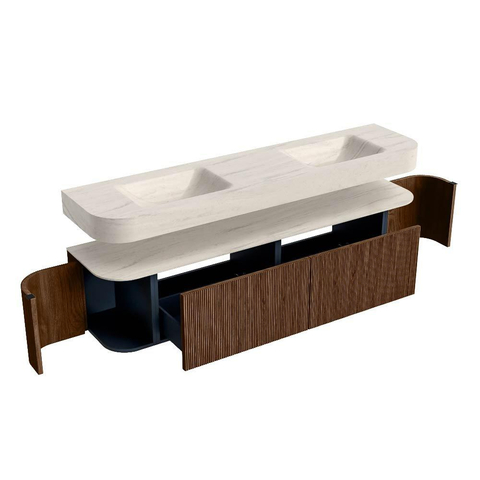 MONDIAZ THOR-DLUX 190cm meuble de salle de bains arrondi gauche + droite couleur Walnut avec 2 tiroirs et 2 portes. Vasque suspendue CLOUD Double sans trou de robinet couleur Meli. SW1466728