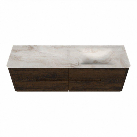 Mondiaz CIRO-DLUX Badkamermeubelset - 160x45x50cm - Solid surface wastafel Frappe - 1 wasbak Rechts - zonder kraangaten - 4 lades - Walnut SW1530233
